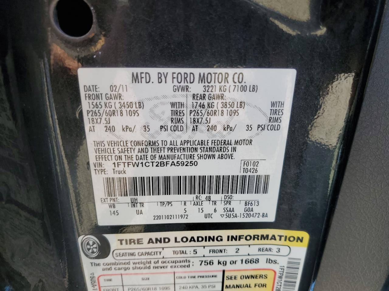 2011 Ford F150 Supercrew VIN: 1FTFW1CT2BFA59250 Lot: 85499635
