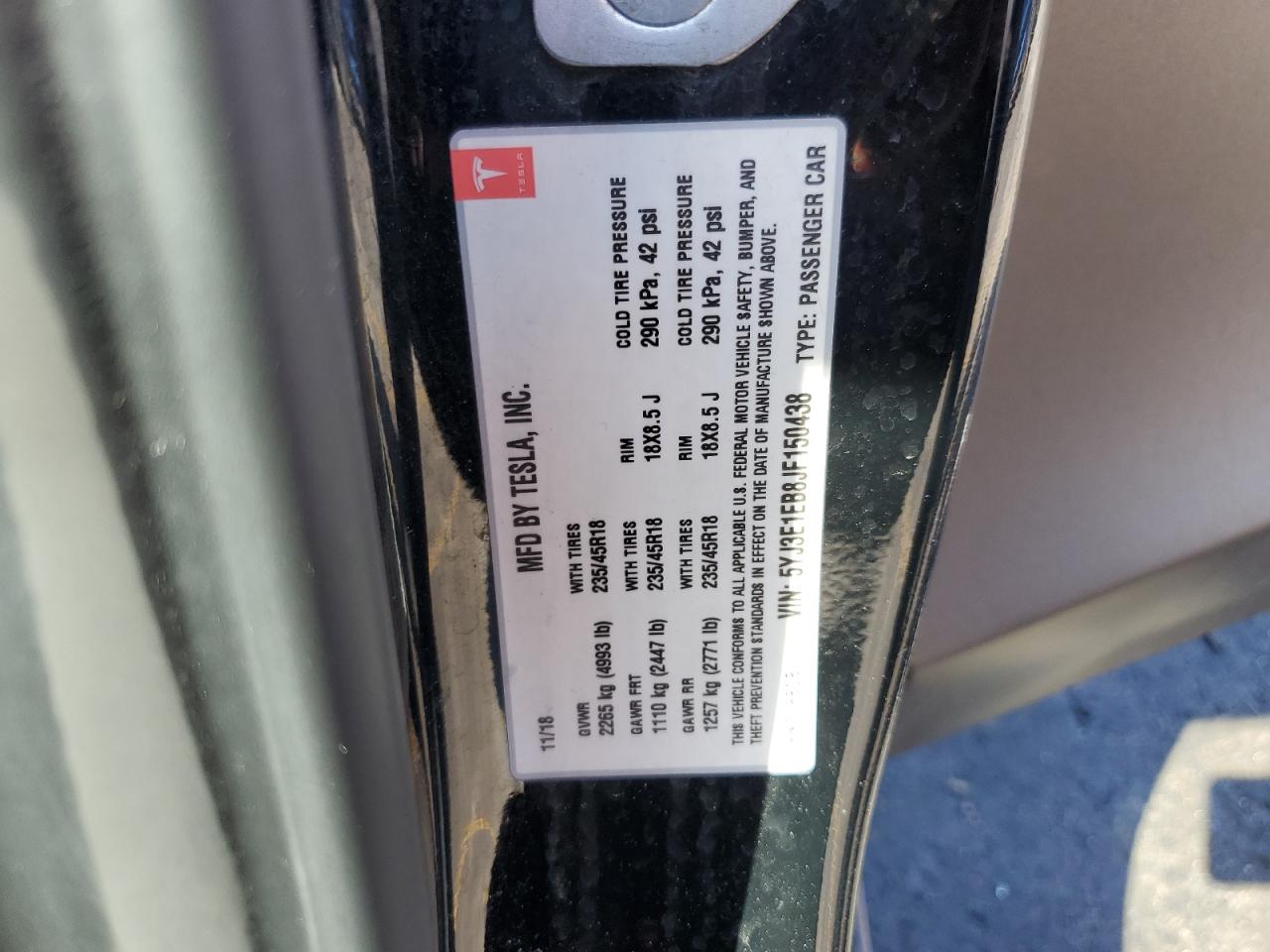 2018 Tesla Model 3 VIN: 5YJ3E1EB8JF150438 Lot: 85530575