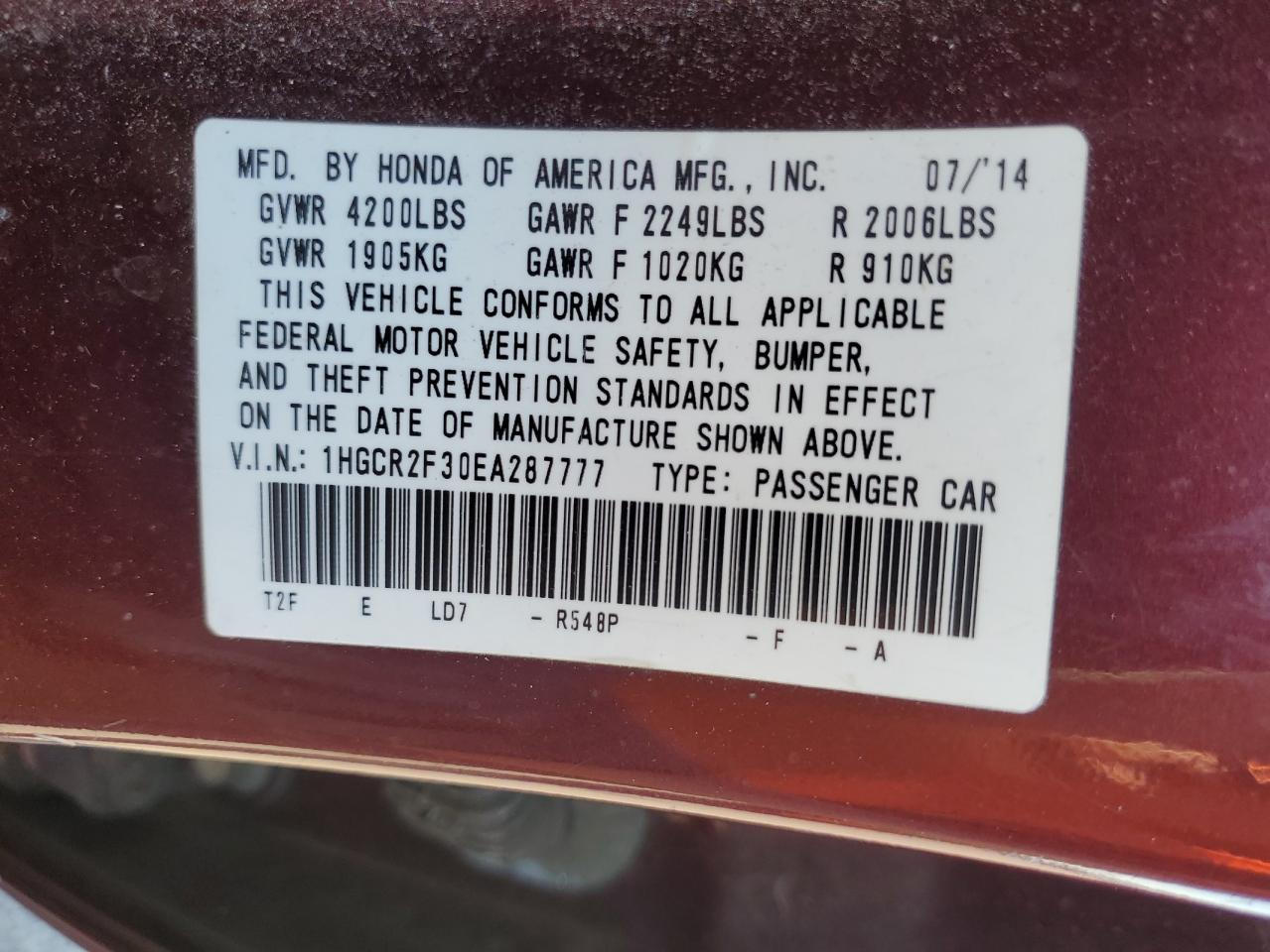 2014 Honda Accord Lx VIN: 1HGCR2F30EA287777 Lot: 82239625