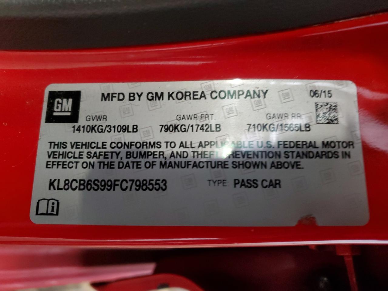 2015 Chevrolet Spark Ls VIN: KL8CB6S99FC798553 Lot: 87362475