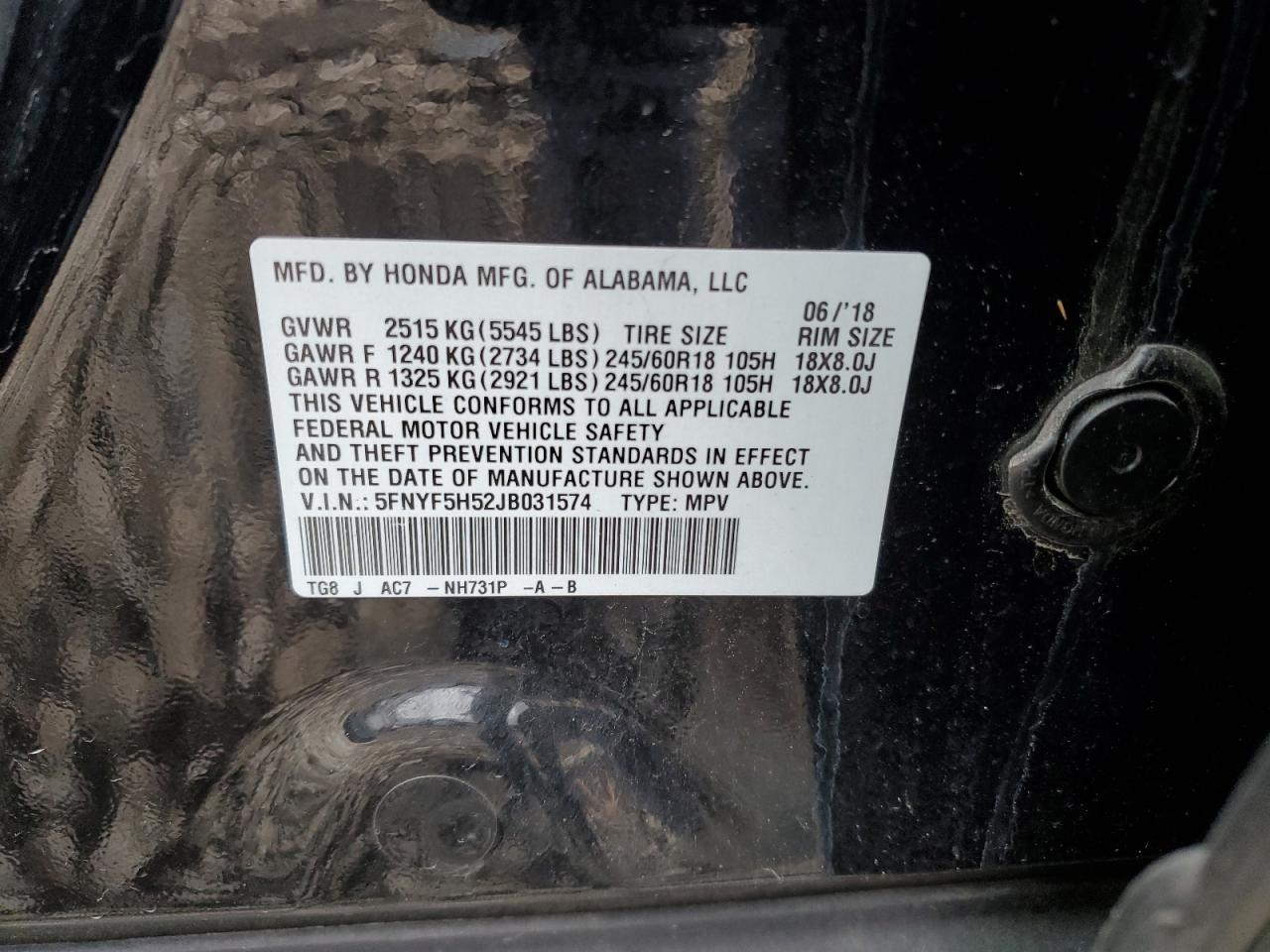 2018 Honda Pilot Exl VIN: 5FNYF5H52JB031574 Lot: 82557835