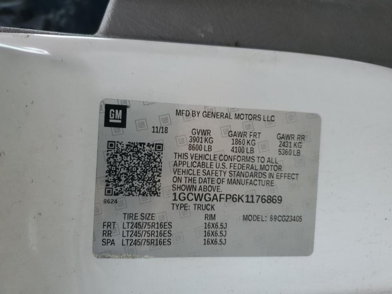 2019 Chevrolet Express Delivery Van VIN: 1GCWGAFP6K1176869 Lot: 90031525