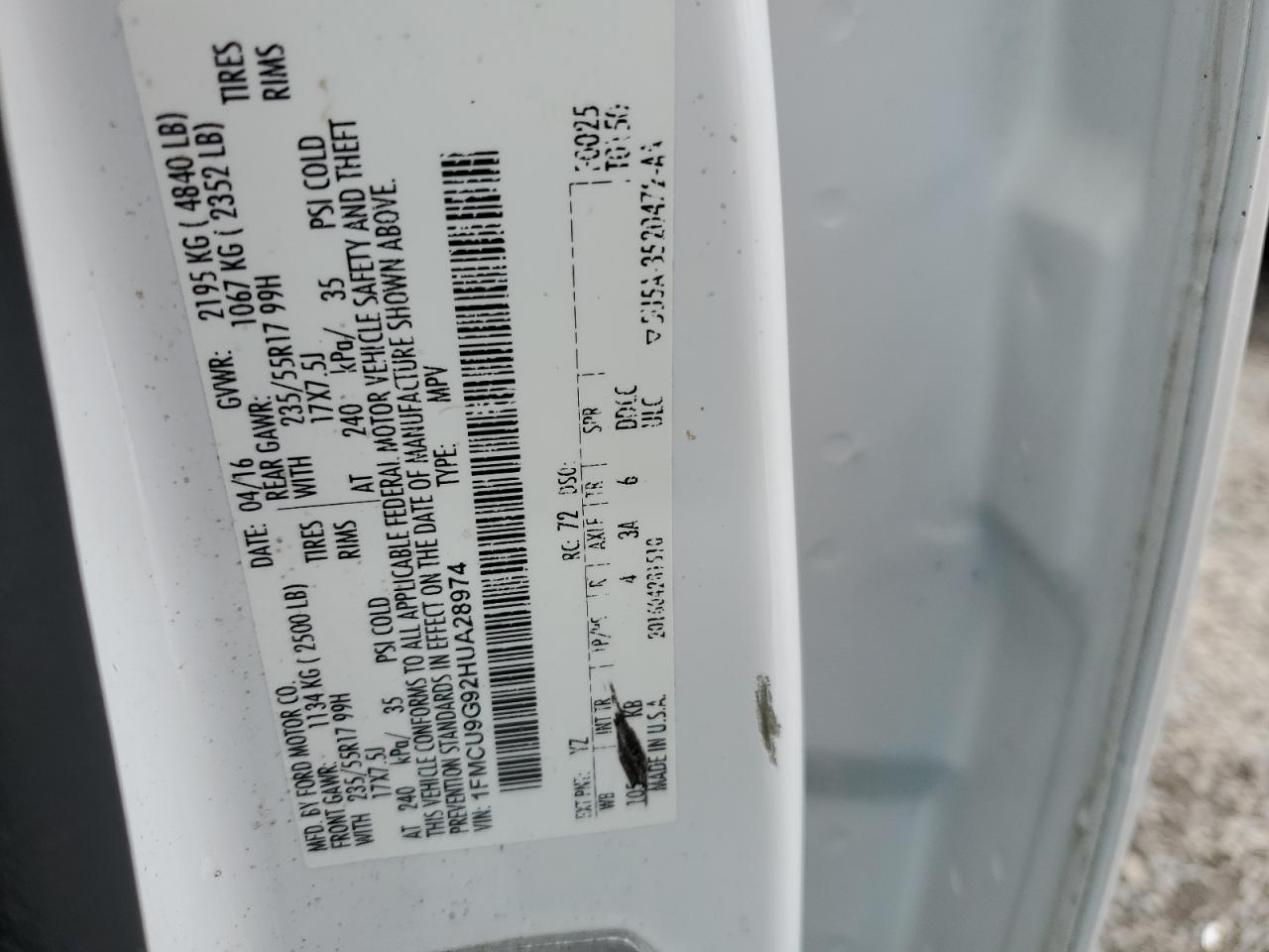2017 Ford Escape Se VIN: 1FMCU9G92HUA28974 Lot: 87243475