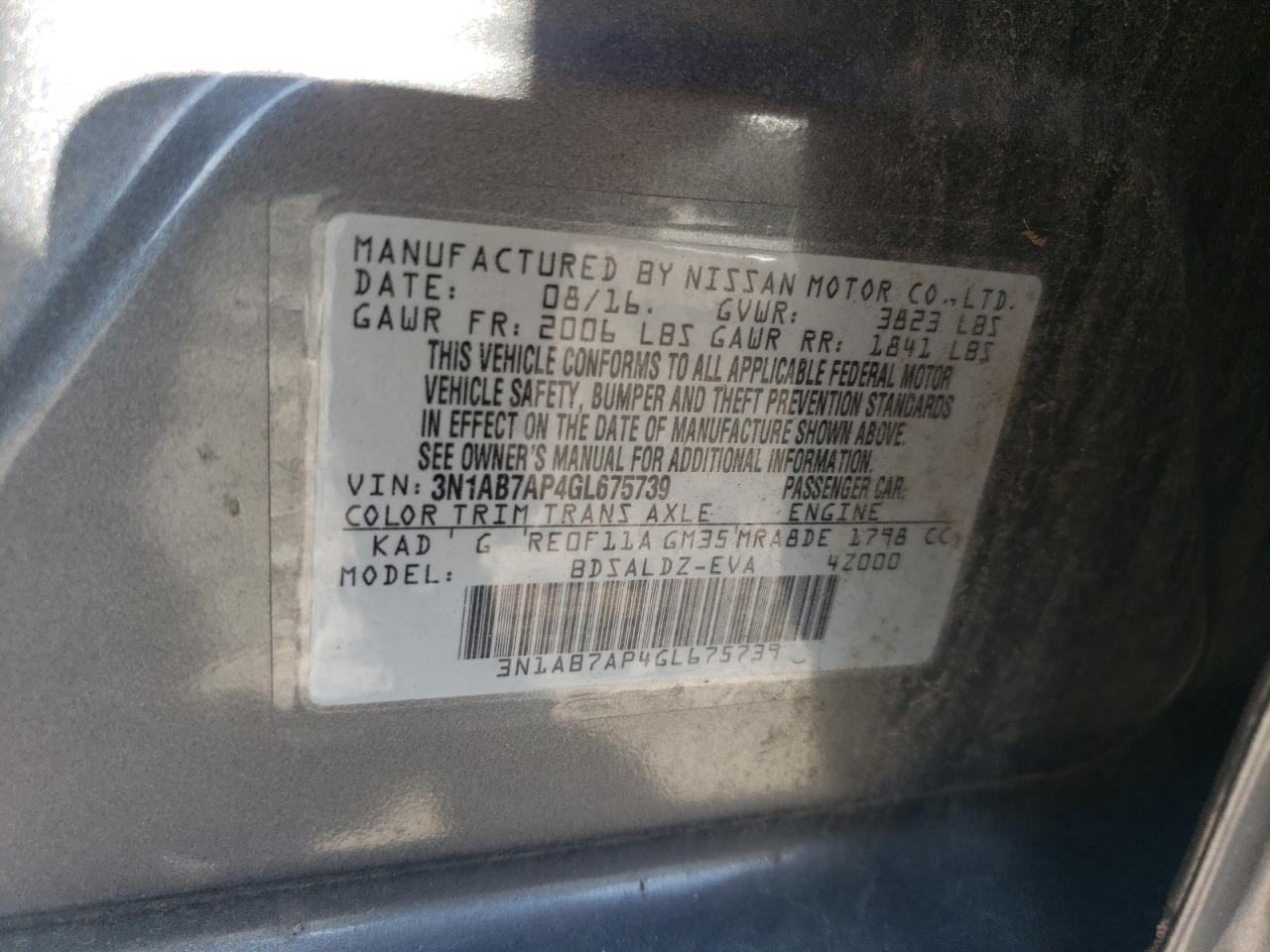 2016 Nissan Sentra S VIN: 3N1AB7AP4GL675739 Lot: 84779355