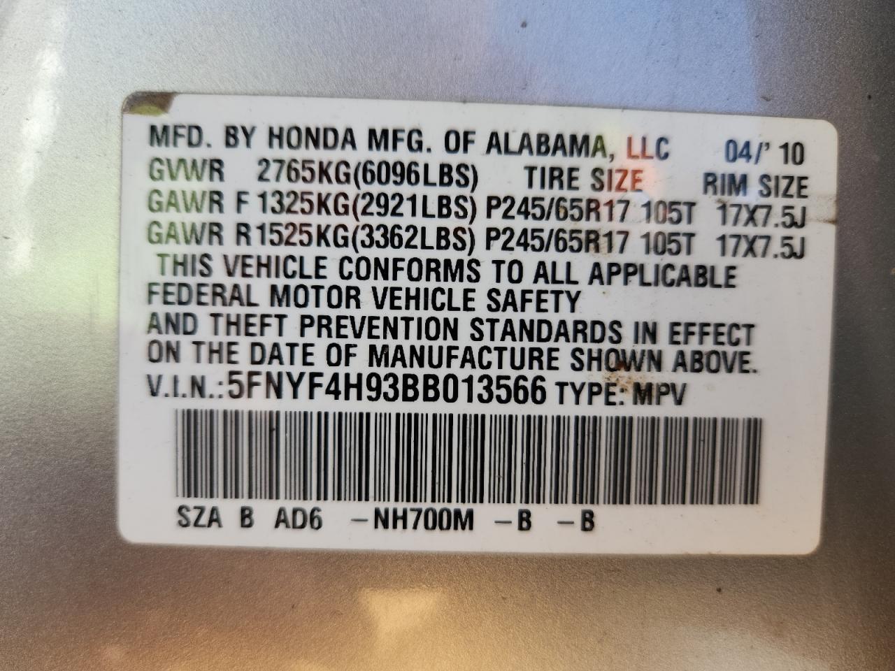 2011 Honda Pilot Touring VIN: 5FNYF4H93BB013566 Lot: 87259905
