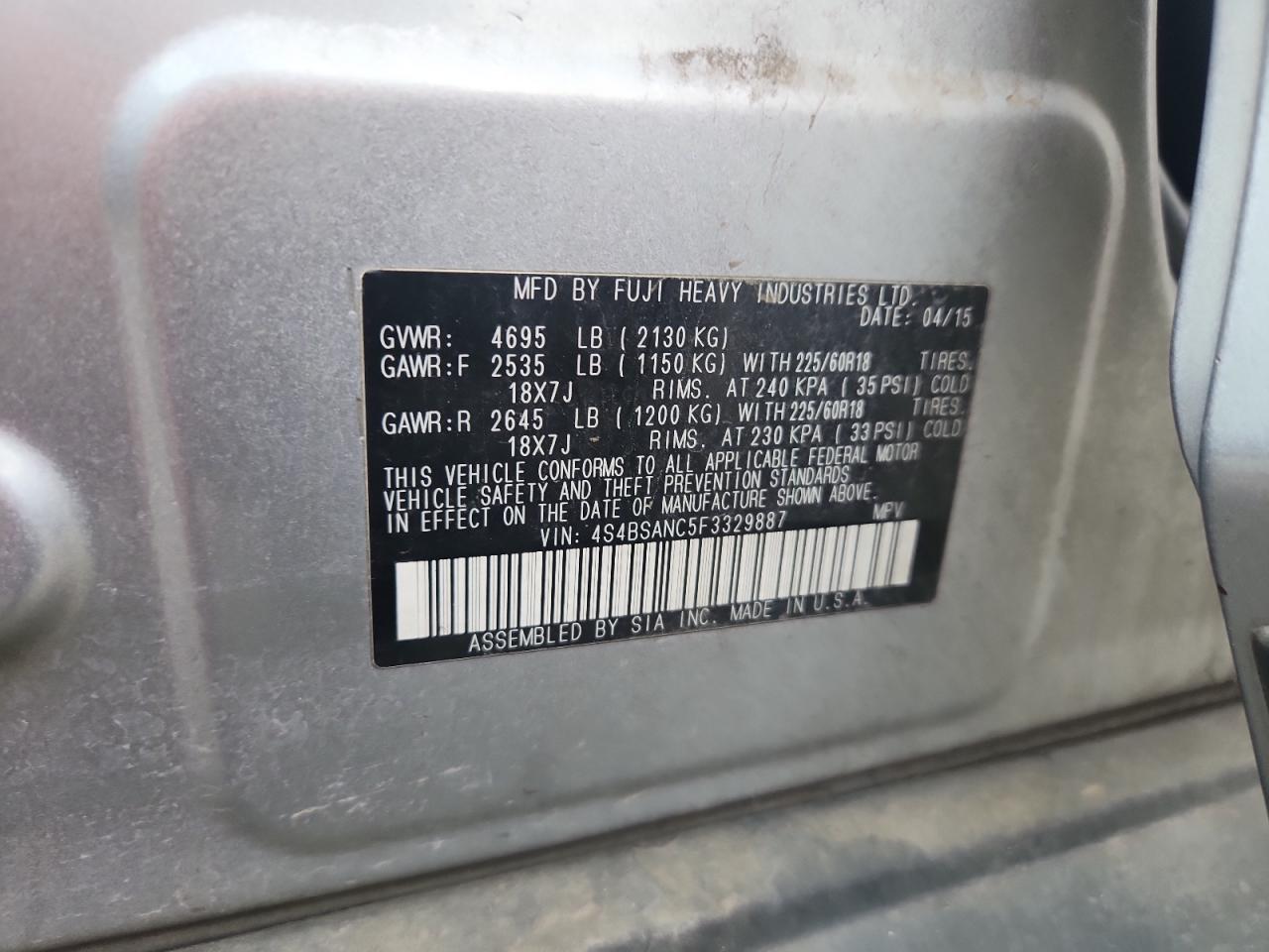 2015 Subaru Outback 2.5I Limited VIN: 4S4BSANC5F3329887 Lot: 86183255