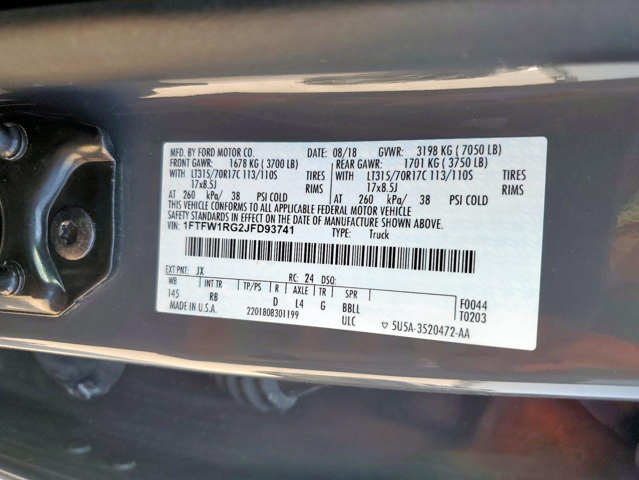 2018 Ford F150 Raptor VIN: 1FTFW1RG2JFD93741 Lot: 81917165