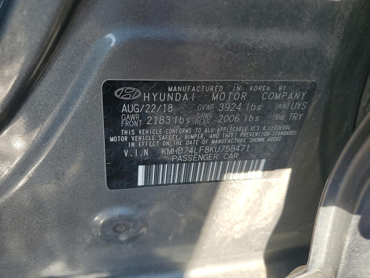 2019 Hyundai Elantra Se VIN: KMHD74LF8KU758471 Lot: 85842185