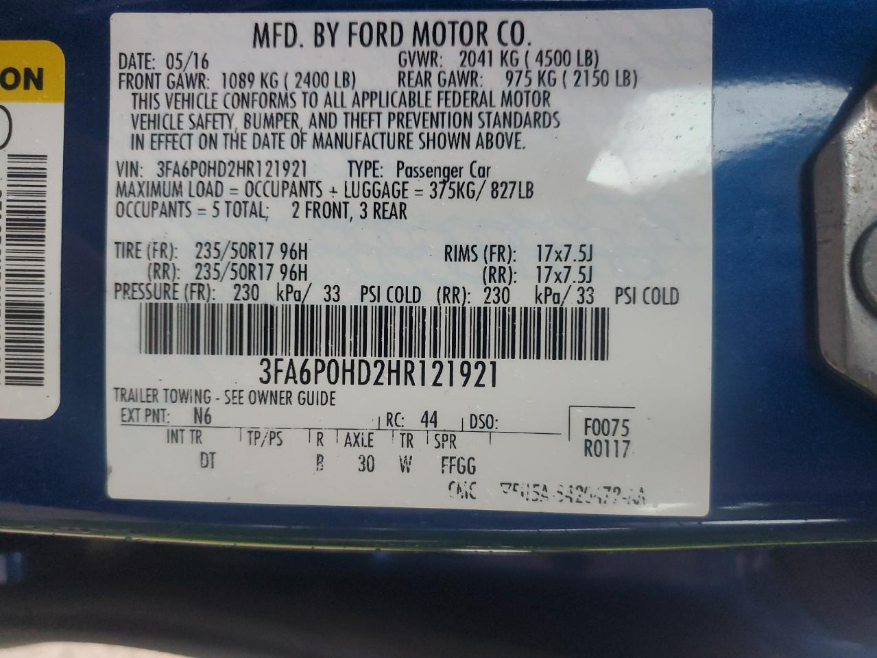 2017 Ford Fusion Se VIN: 3FA6P0HD2HR121921 Lot: 82485195