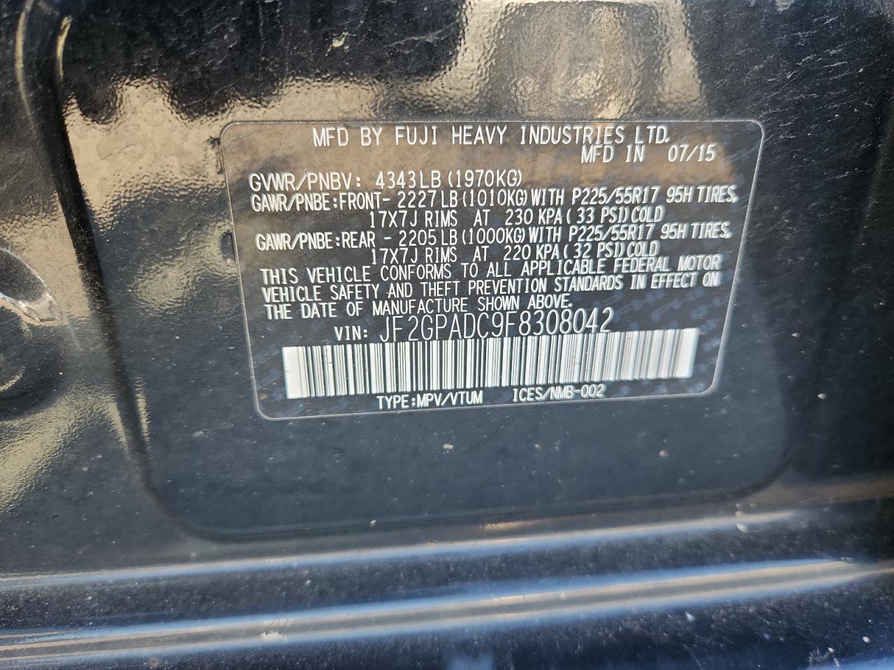 2015 Subaru Xv Crosstrek 2.0 Premium VIN: JF2GPADC9F8308042 Lot: 86790045