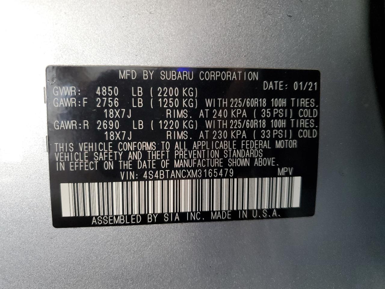 2021 Subaru Outback Limited VIN: 4S4BTANCXM3165479 Lot: 85345545