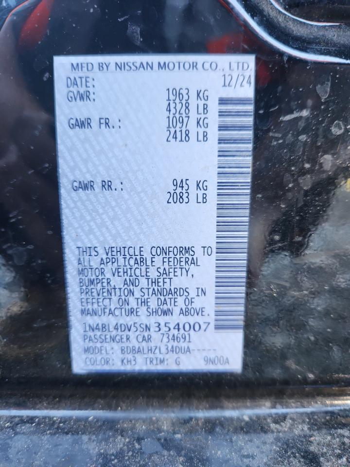 2025 Nissan Altima Sv VIN: 1N4BL4DV5SN354007 Lot: 89514475