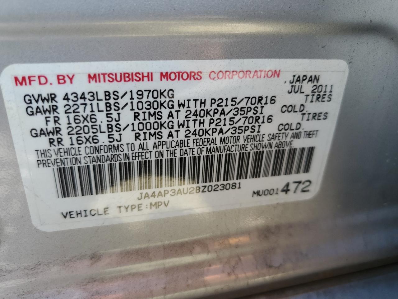 2011 Mitsubishi Outlander Sport Es VIN: JA4AP3AU2BZ023081 Lot: 82467245