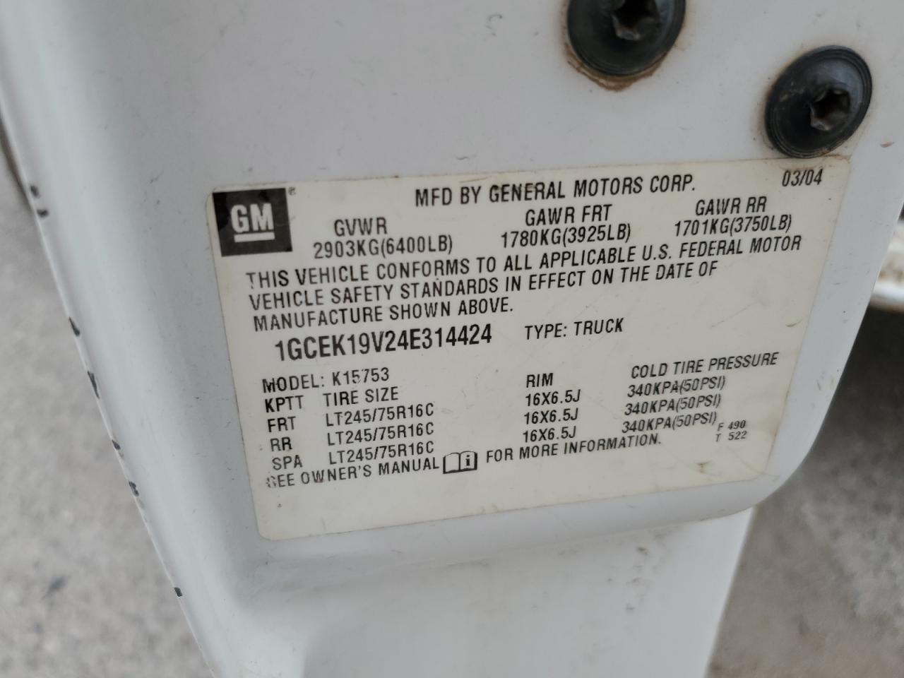 2004 Chevrolet Silverado K1500 VIN: 1GCEK19V24E314424 Lot: 84960705