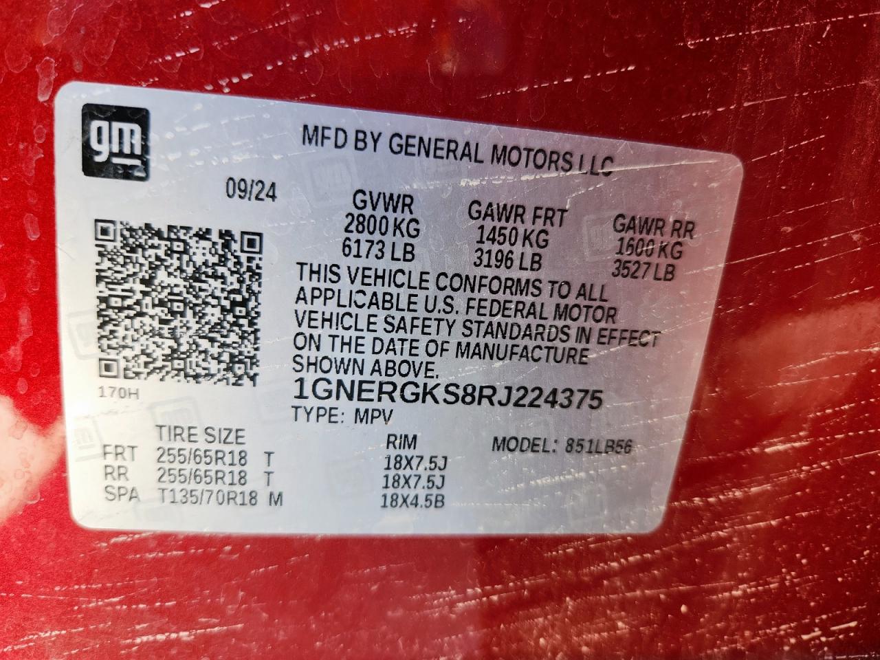 2024 Chevrolet Traverse Lt VIN: 1GNERGKS8RJ224375 Lot: 86302135