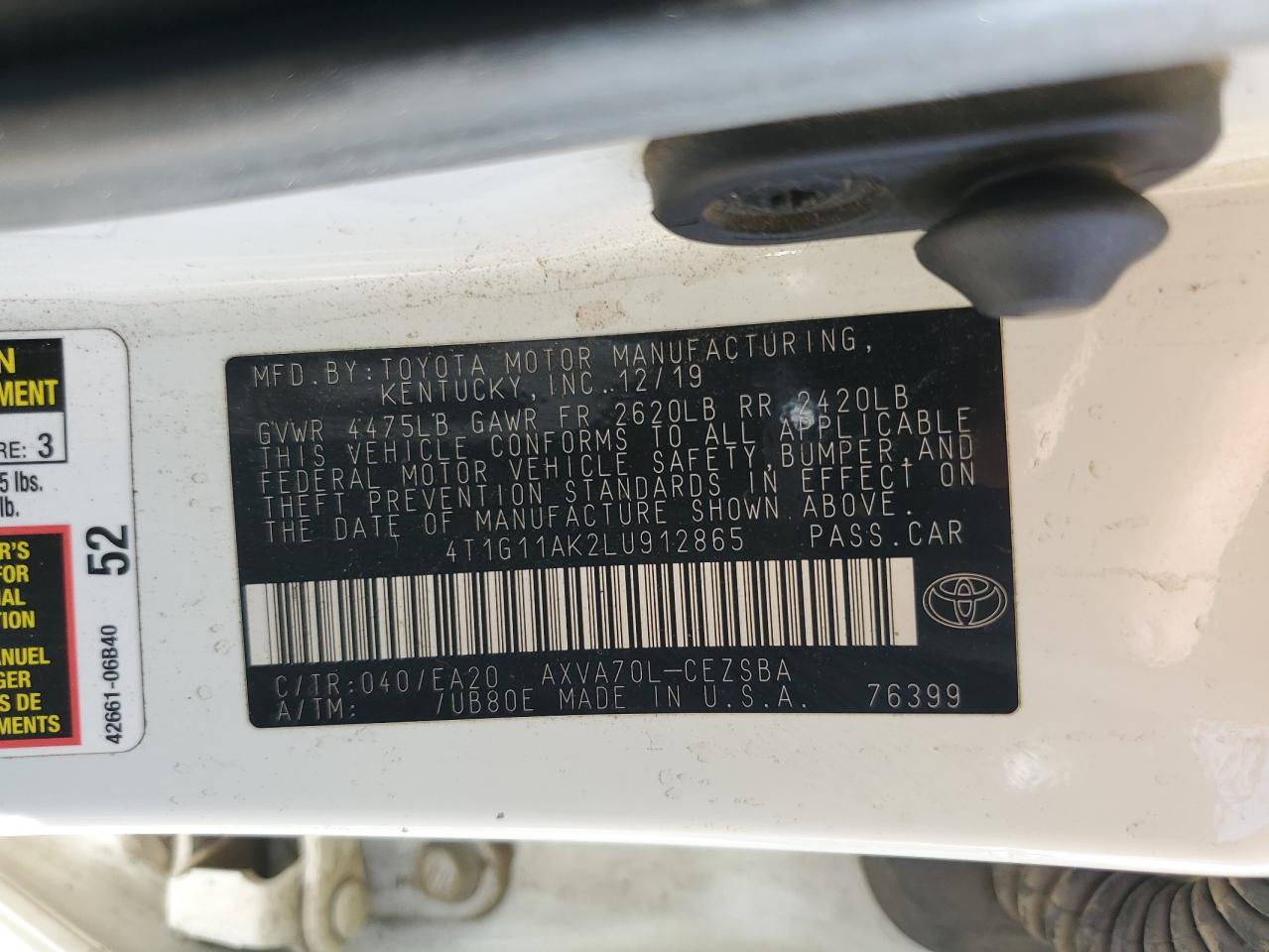 2020 Toyota Camry Se VIN: 4T1G11AK2LU912865 Lot: 84473715