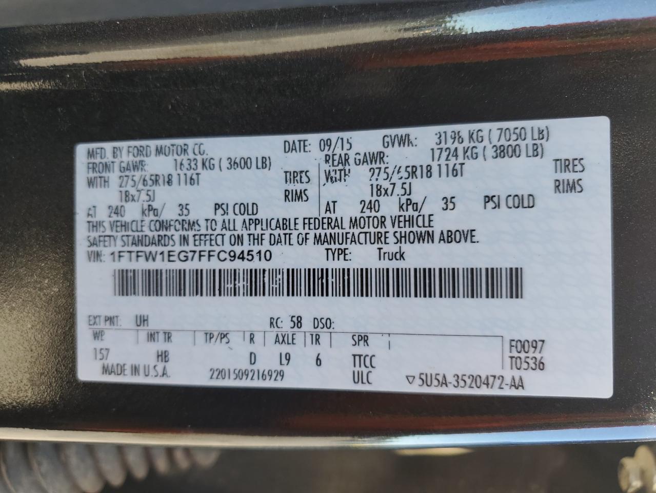 2015 Ford F150 Supercrew VIN: 1FTFW1EG7FFC94510 Lot: 86252585