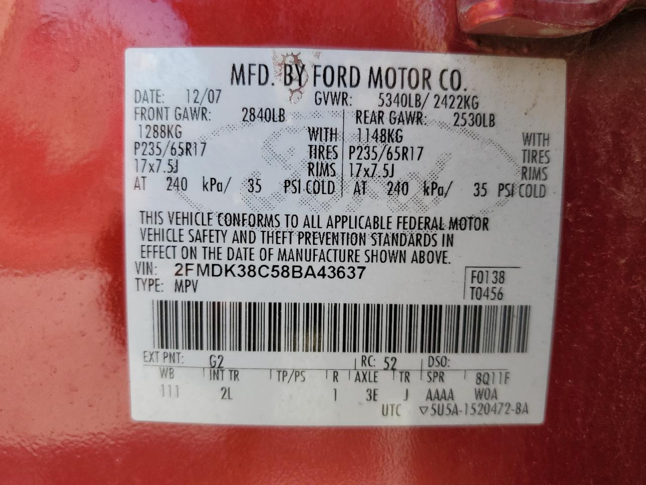 2005 Ford Edge Sel VIN: 2FMDK38C58BA43637 Lot: 85060585