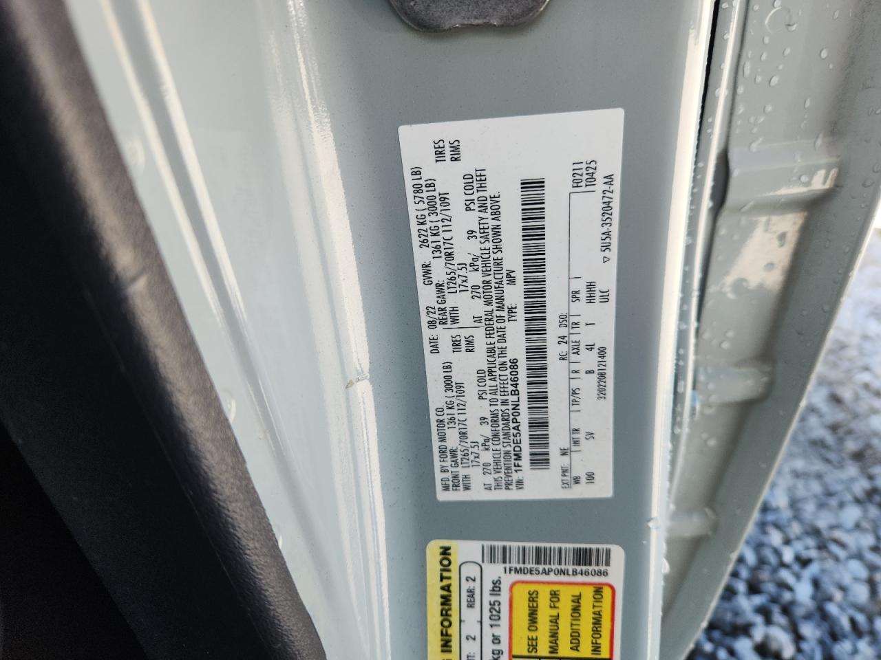 2022 Ford Bronco Base VIN: 1FMDE5AP0NLB46086 Lot: 87227755