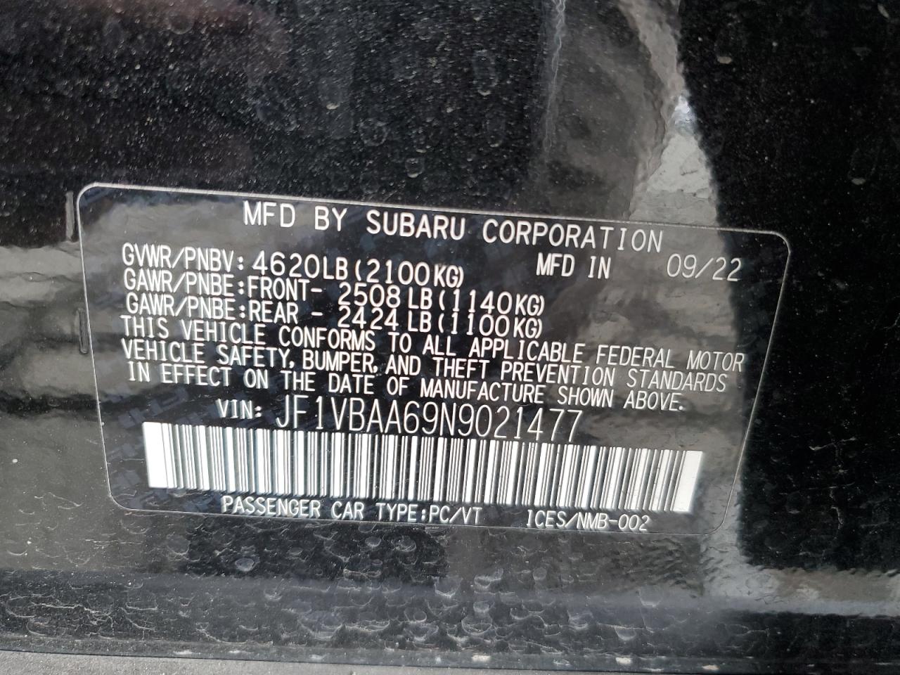 2022 Subaru Wrx VIN: JF1VBAA69N9021477 Lot: 85277625