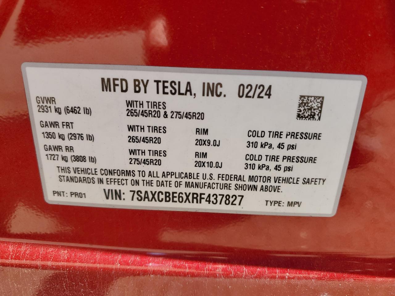 2024 Tesla Model X VIN: 7SAXCBE6XRF437827 Lot: 85537165