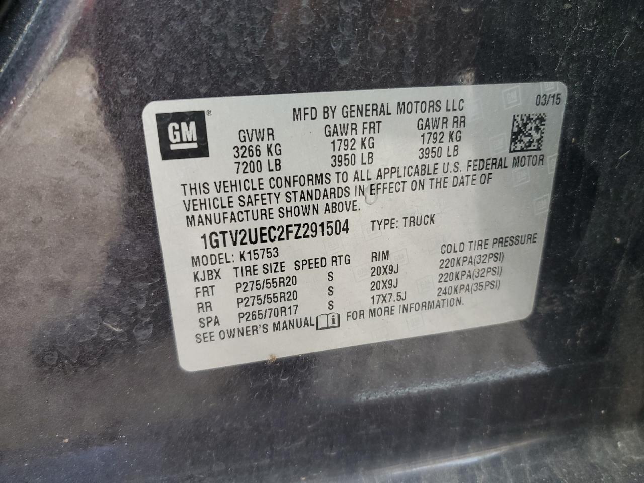 2015 GMC Sierra K1500 Sle VIN: 1GTV2UEC2FZ291504 Lot: 85764525