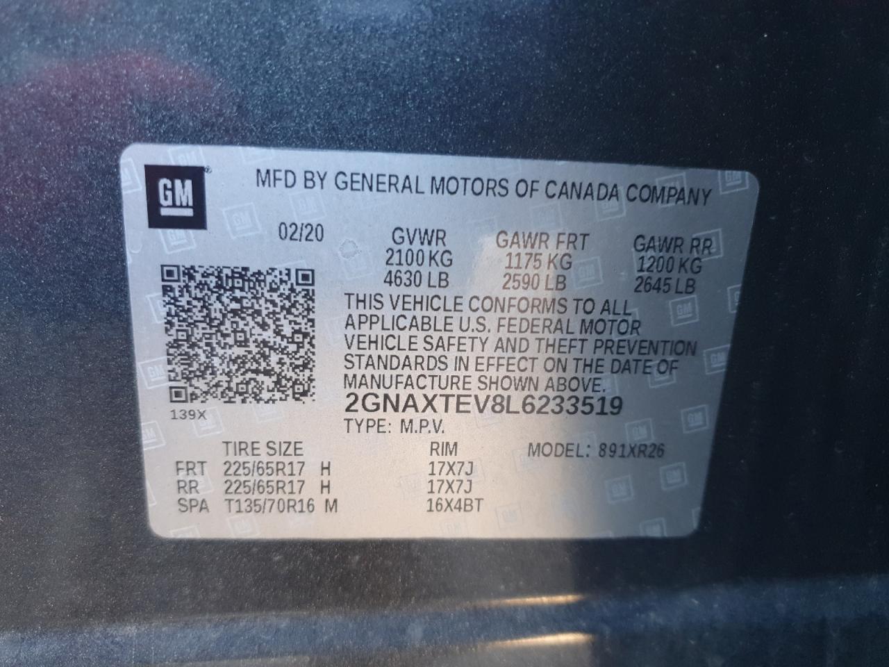 2020 Chevrolet Equinox Lt VIN: 2GNAXTEV8L6233519 Lot: 85721125