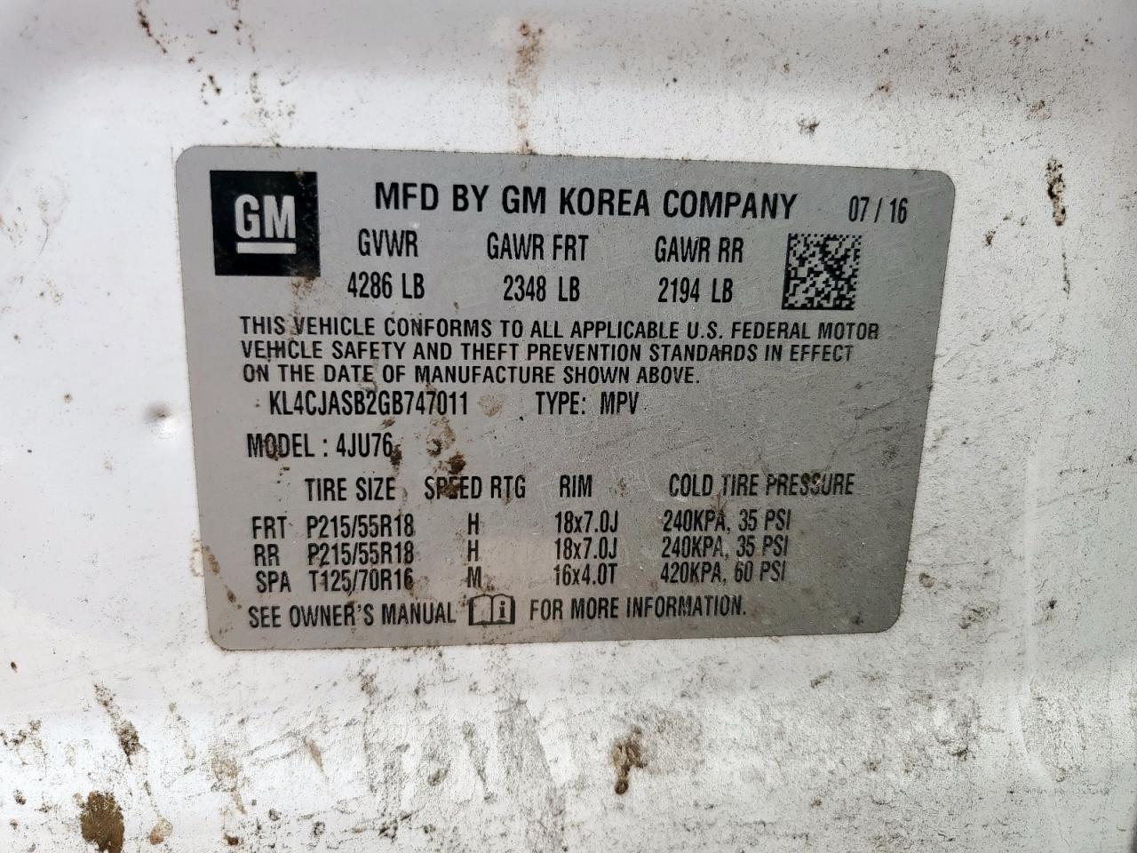 2016 Buick Encore VIN: KL4CJASB2GB747011 Lot: 81990085