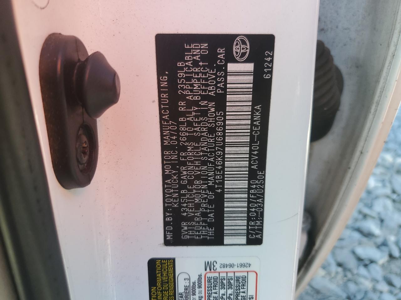 2007 Toyota Camry Ce VIN: 4T1BE46K97U686905 Lot: 82217095