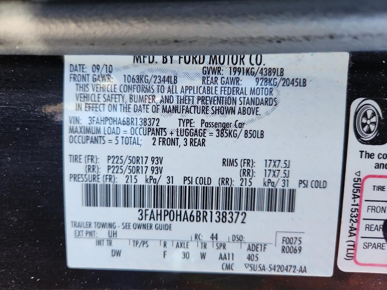 2011 Ford Fusion Se VIN: 3FAHP0HA6BR138372 Lot: 90375105