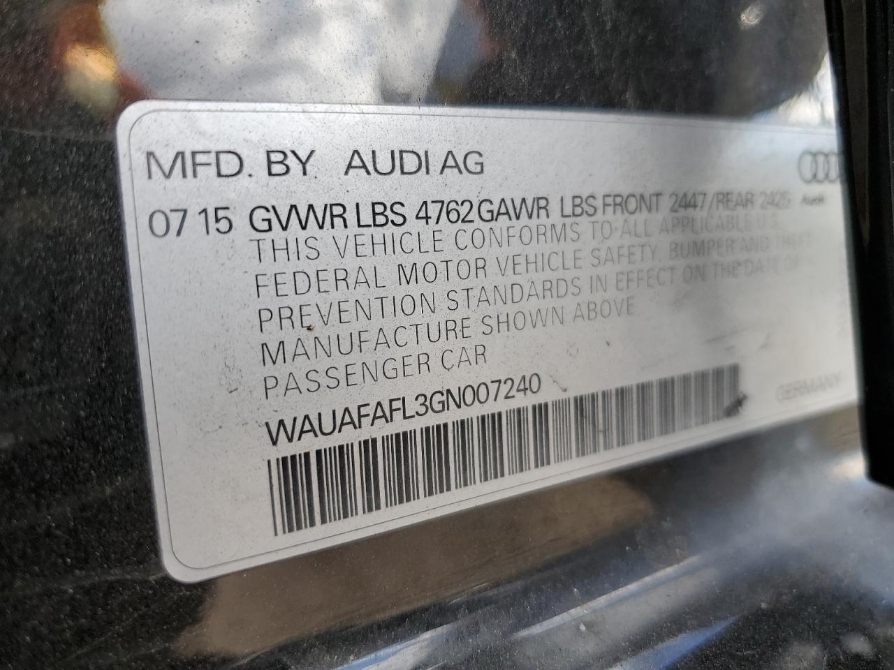 2016 Audi A4 Premium S-Line VIN: WAUAFAFL3GN007240 Lot: 87059375