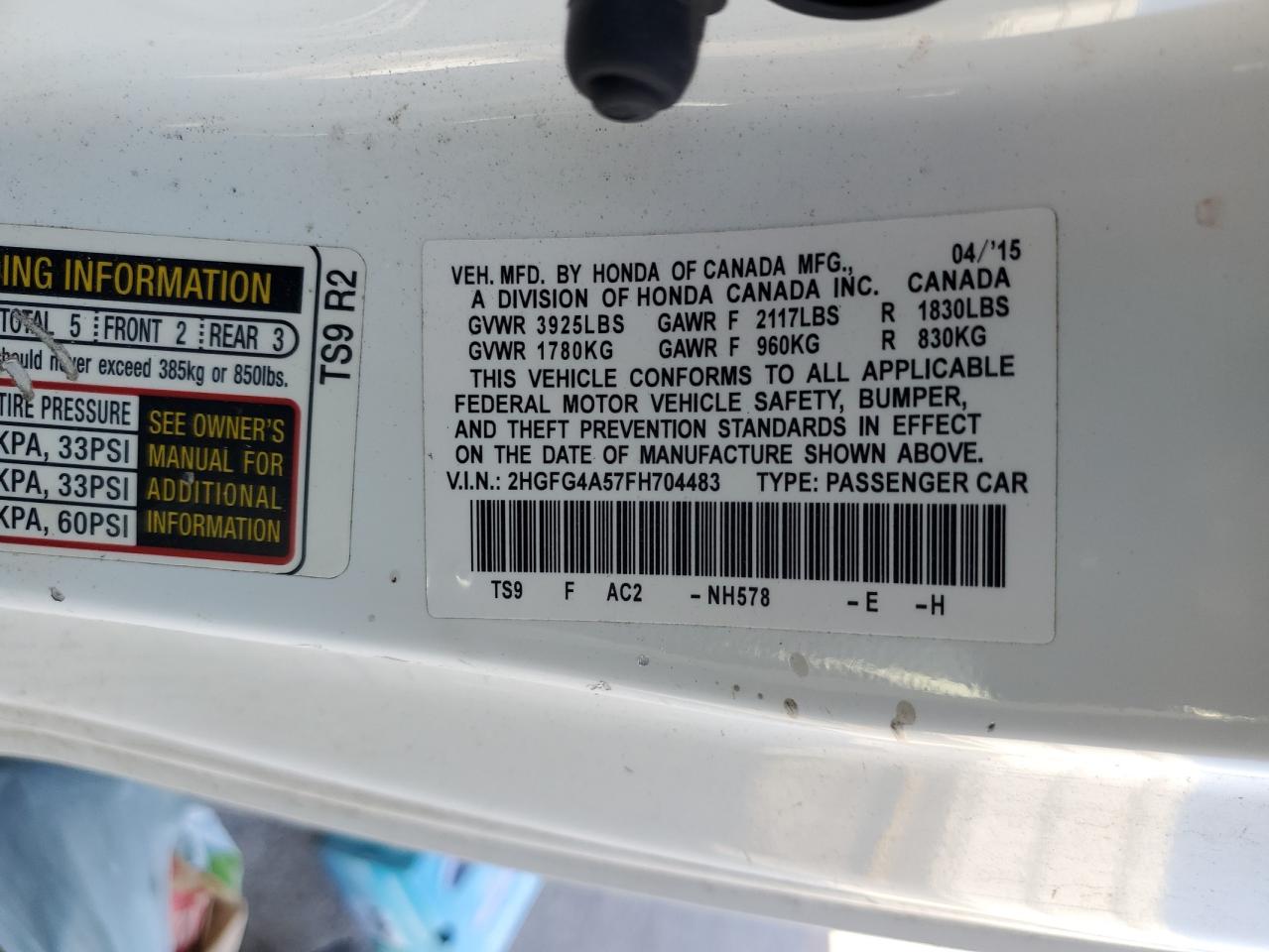 2015 Honda Civic Si VIN: 2HGFG4A57FH704483 Lot: 85534175