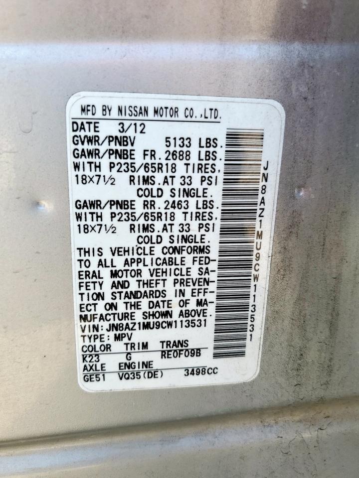 2012 Nissan Murano S VIN: JN8AZ1MU9CW113531 Lot: 82458205