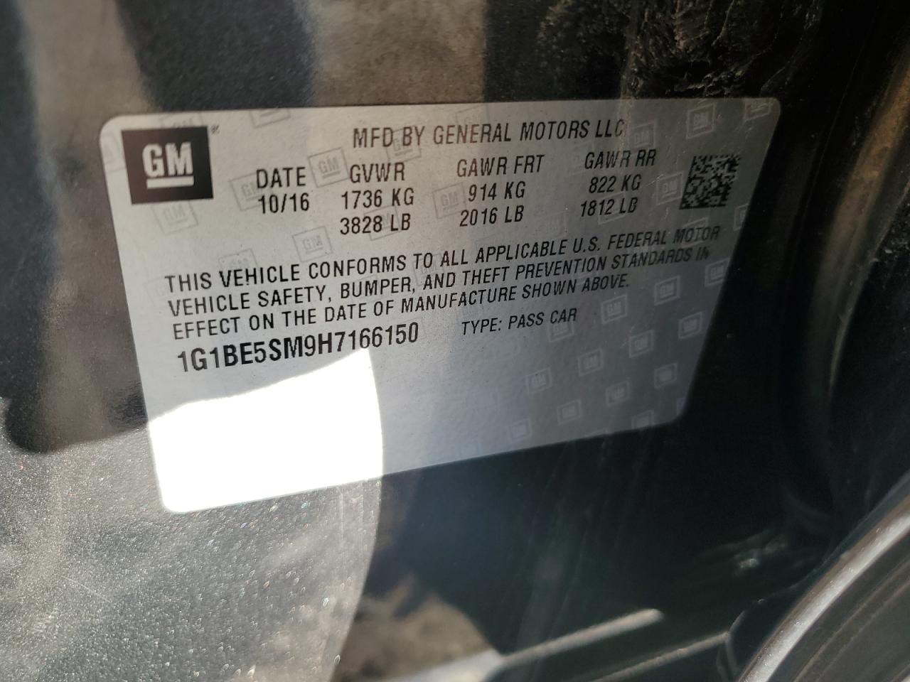 2017 Chevrolet Cruze Lt VIN: 1G1BE5SM9H7166150 Lot: 85307305