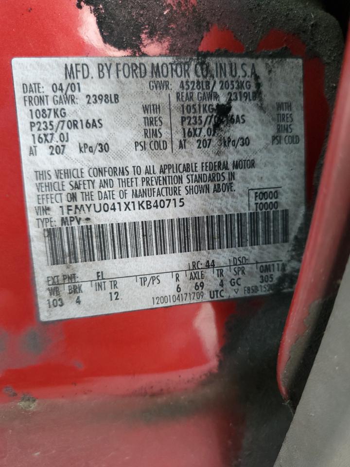 2001 Ford Escape Xlt VIN: 1FMYU041X1KB40715 Lot: 85272315
