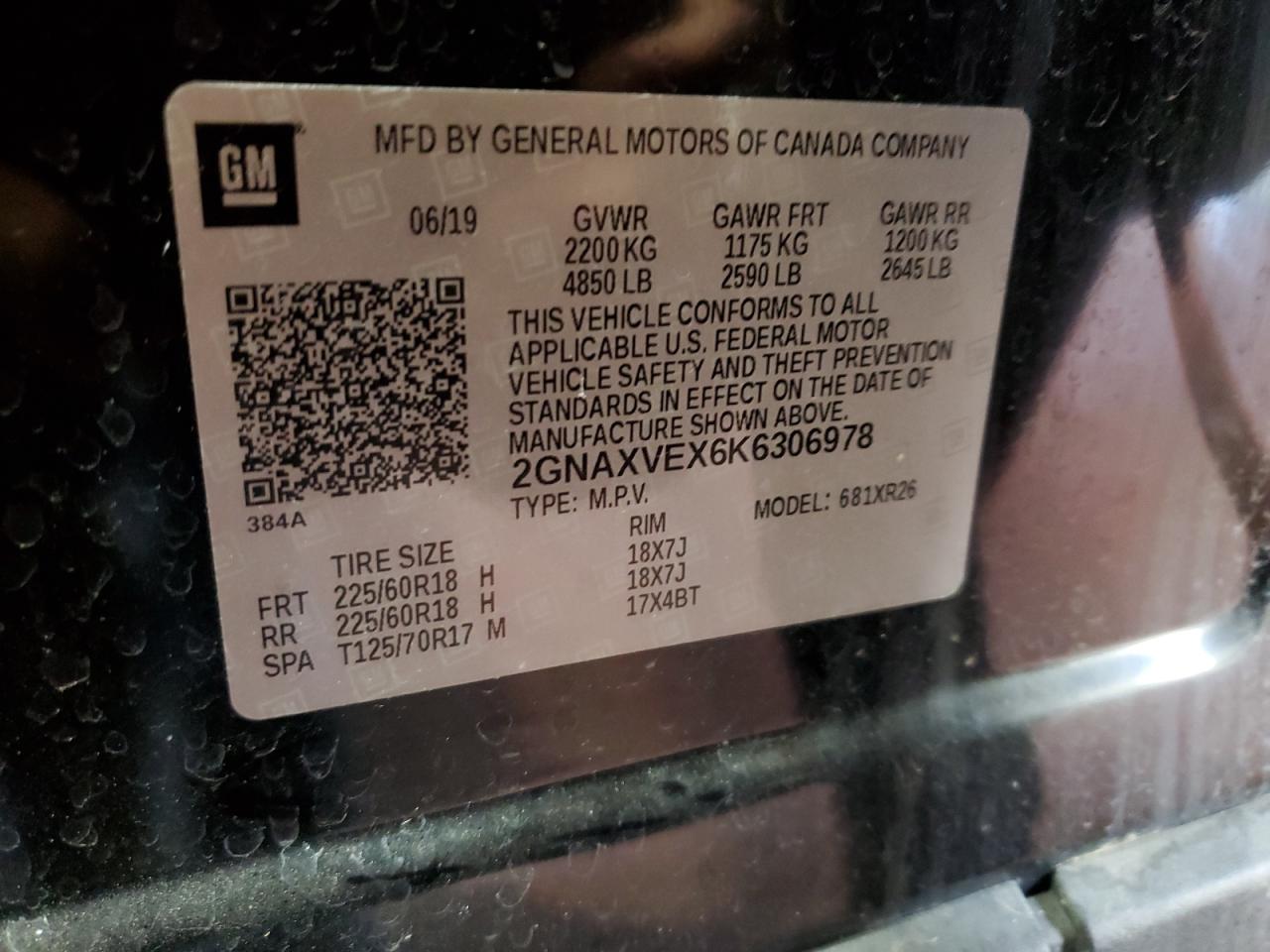 2019 Chevrolet Equinox Lt VIN: 2GNAXVEX6K6306978 Lot: 85885465