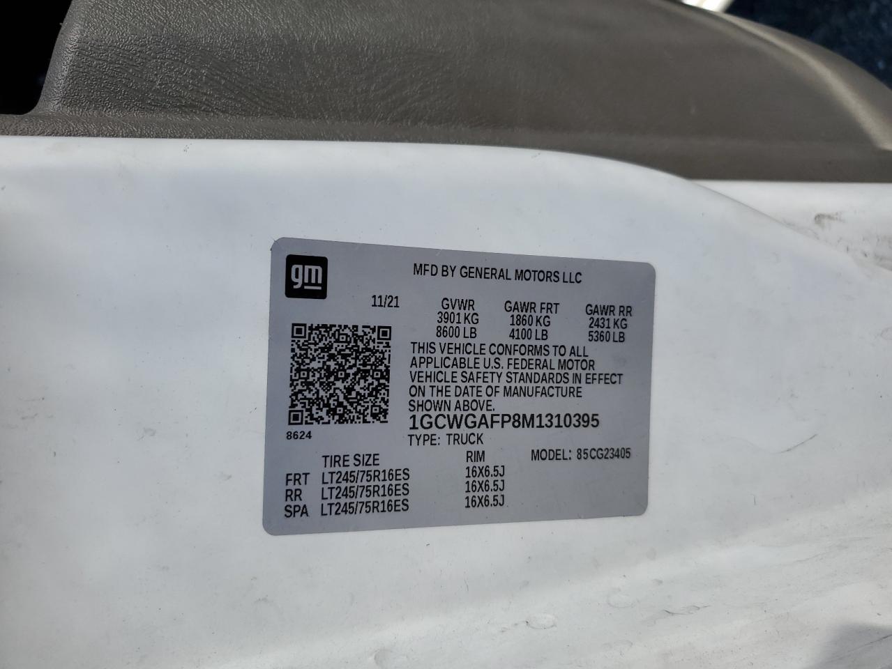 2021 Chevrolet Express G2500 VIN: 1GCWGAFP8M1310395 Lot: 85879175