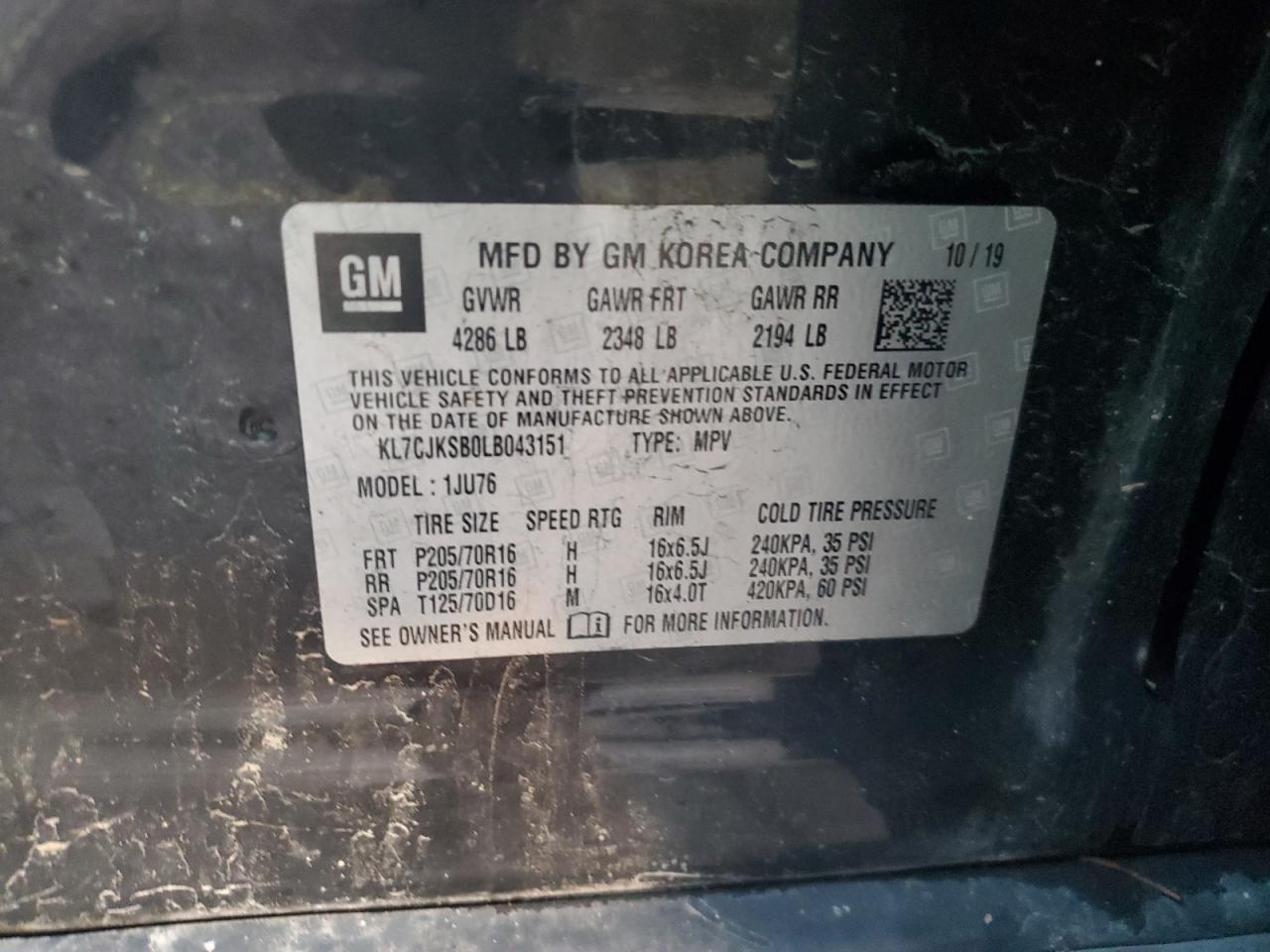 2020 Chevrolet Trax Ls VIN: KL7CJKSB0LB043151 Lot: 90522595