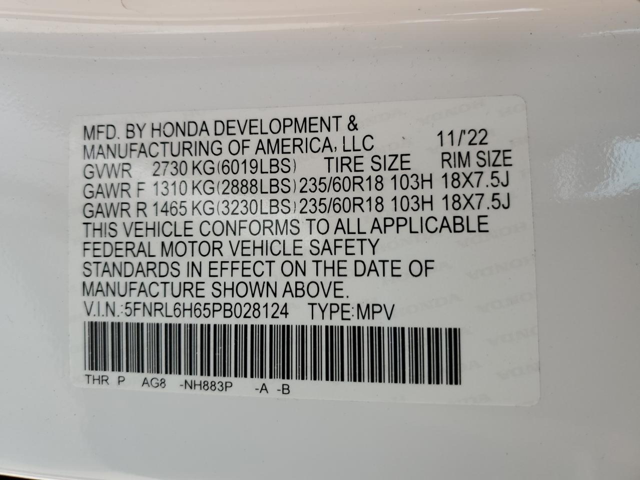 2023 Honda Odyssey Exl VIN: 5FNRL6H65PB028124 Lot: 86109185