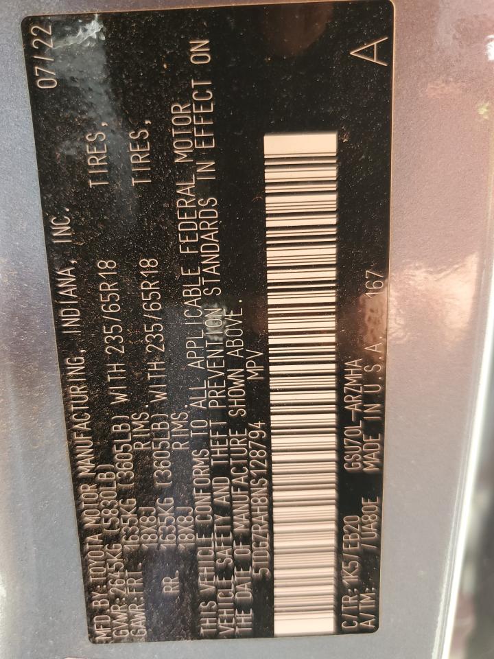 2022 Toyota Highlander Xle VIN: 5TDGZRAH8NS128794 Lot: 84743195