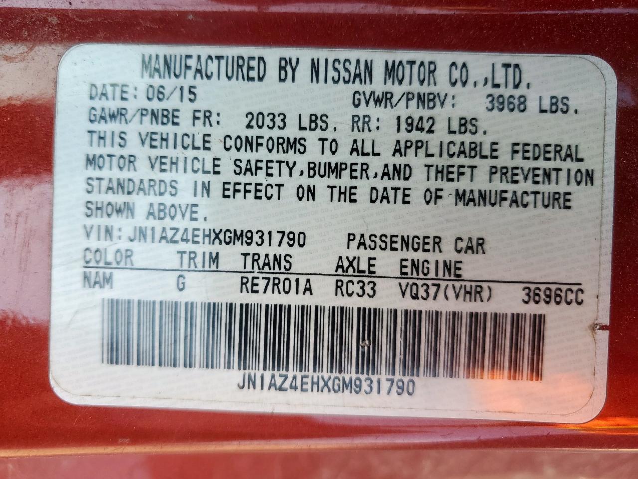 2016 Nissan 370Z Base VIN: JN1AZ4EHXGM931790 Lot: 80661615