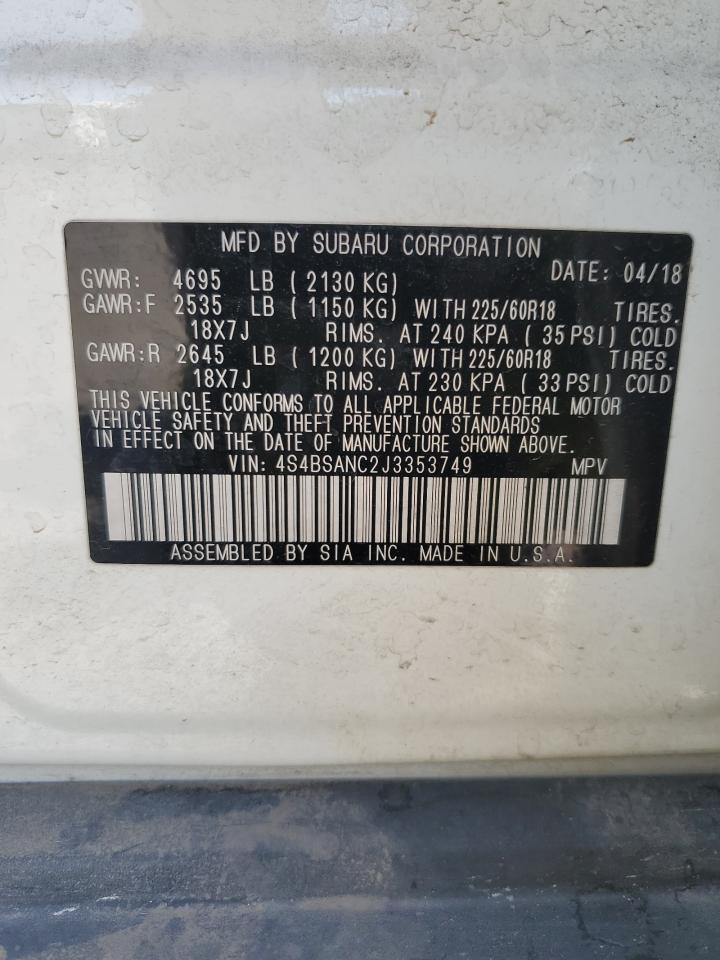 2018 Subaru Outback 2.5I Limited VIN: 4S4BSANC2J3353749 Lot: 85010155