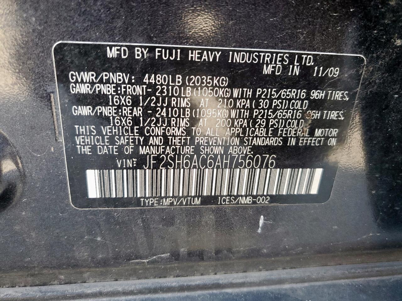 2010 Subaru Forester 2.5X VIN: JF2SH6AC6AH756076 Lot: 86498495