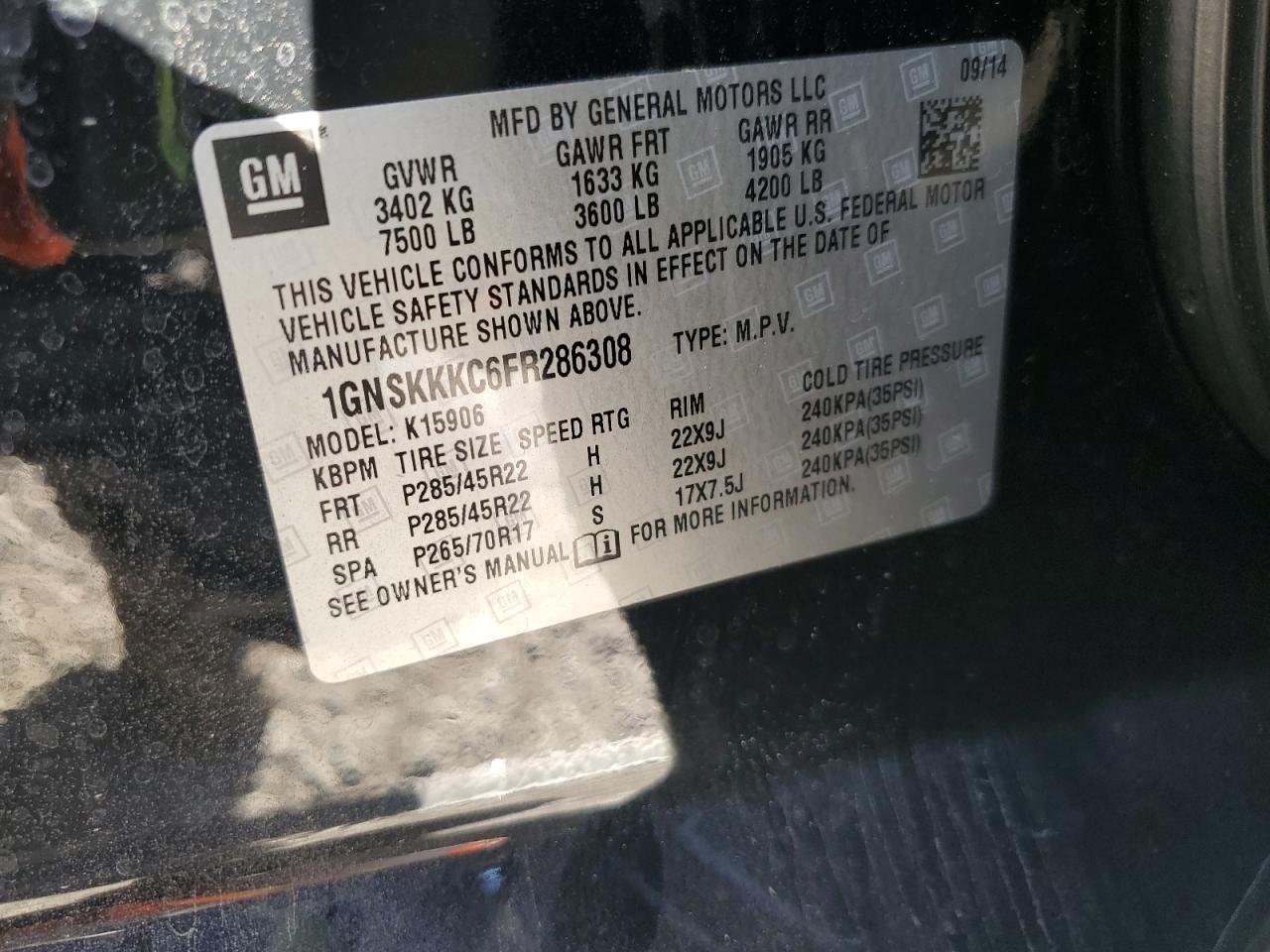 2015 Chevrolet Suburban K1500 Ltz VIN: 1GNSKKKC6FR286308 Lot: 87387045