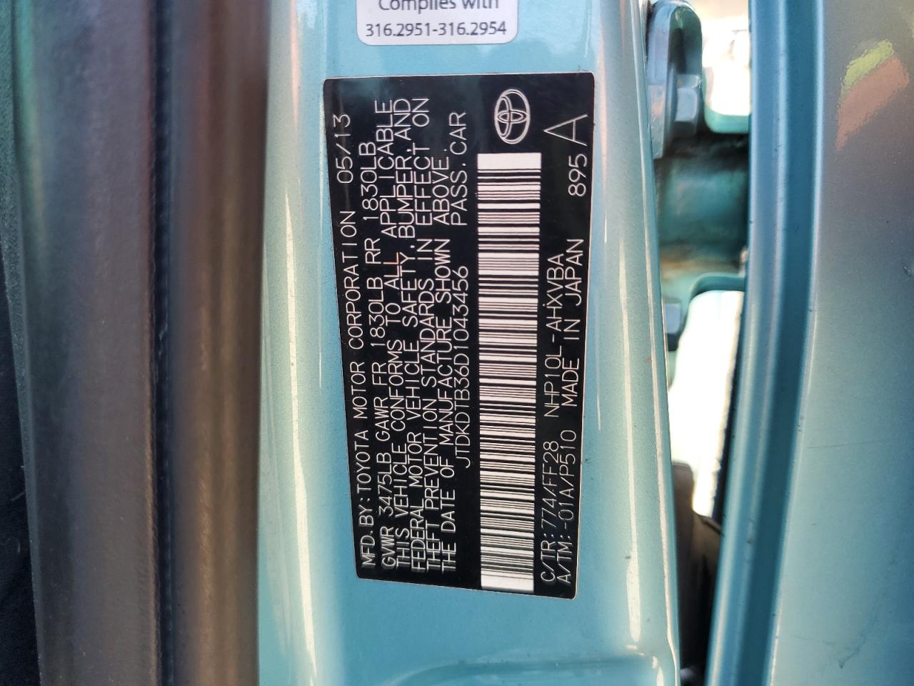 2013 Toyota Prius C VIN: JTDKDTB36D1043456 Lot: 82376355