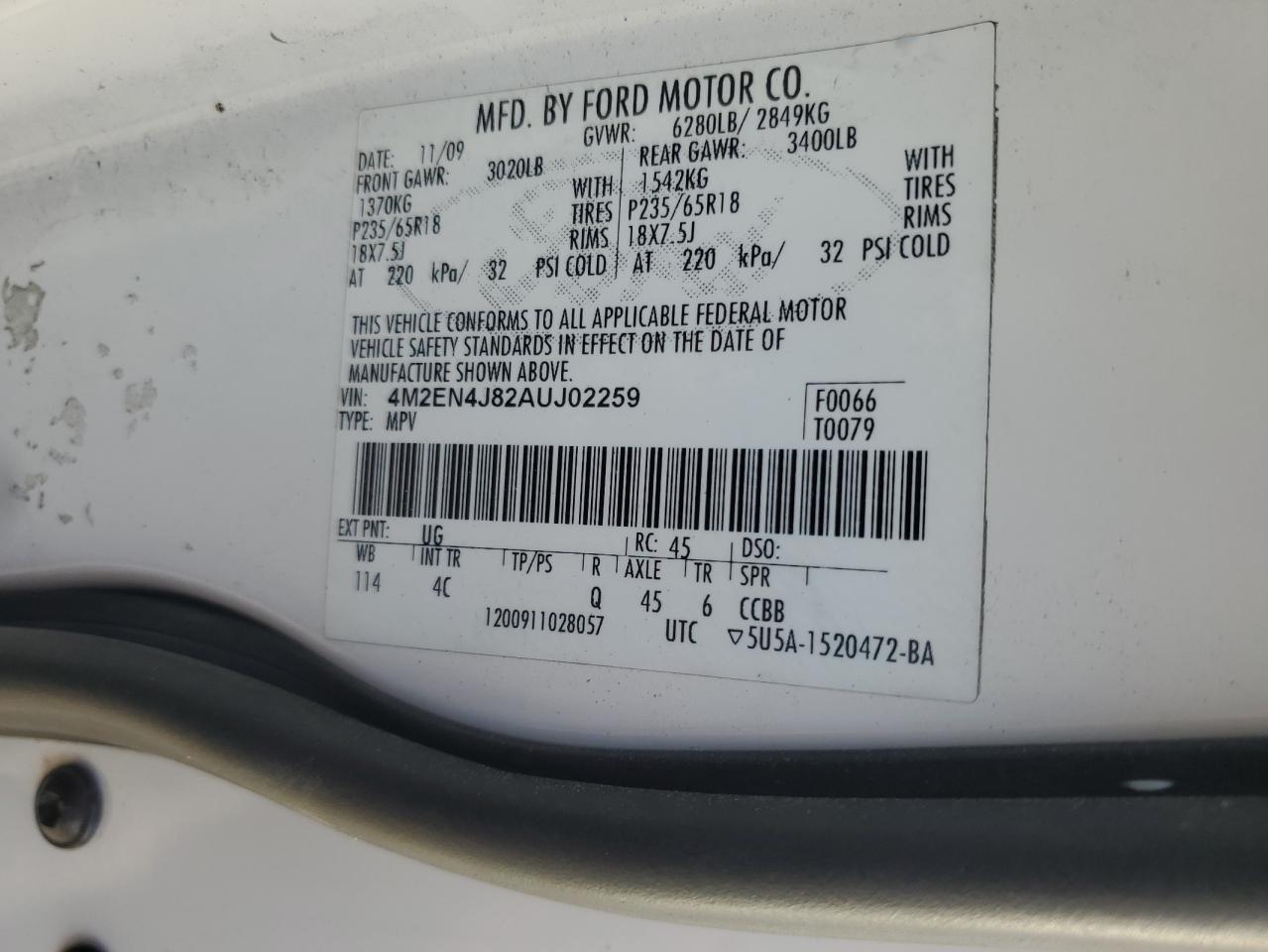 2010 Mercury Mountaineer Premier VIN: 4M2EN4J82AUJ02259 Lot: 86655495