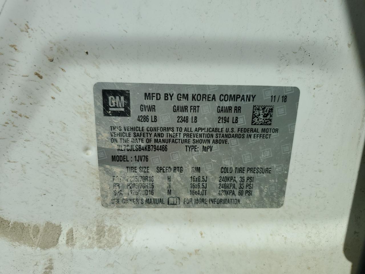 2019 Chevrolet Trax 1Lt VIN: KL7CJLSB4KB794466 Lot: 81996765