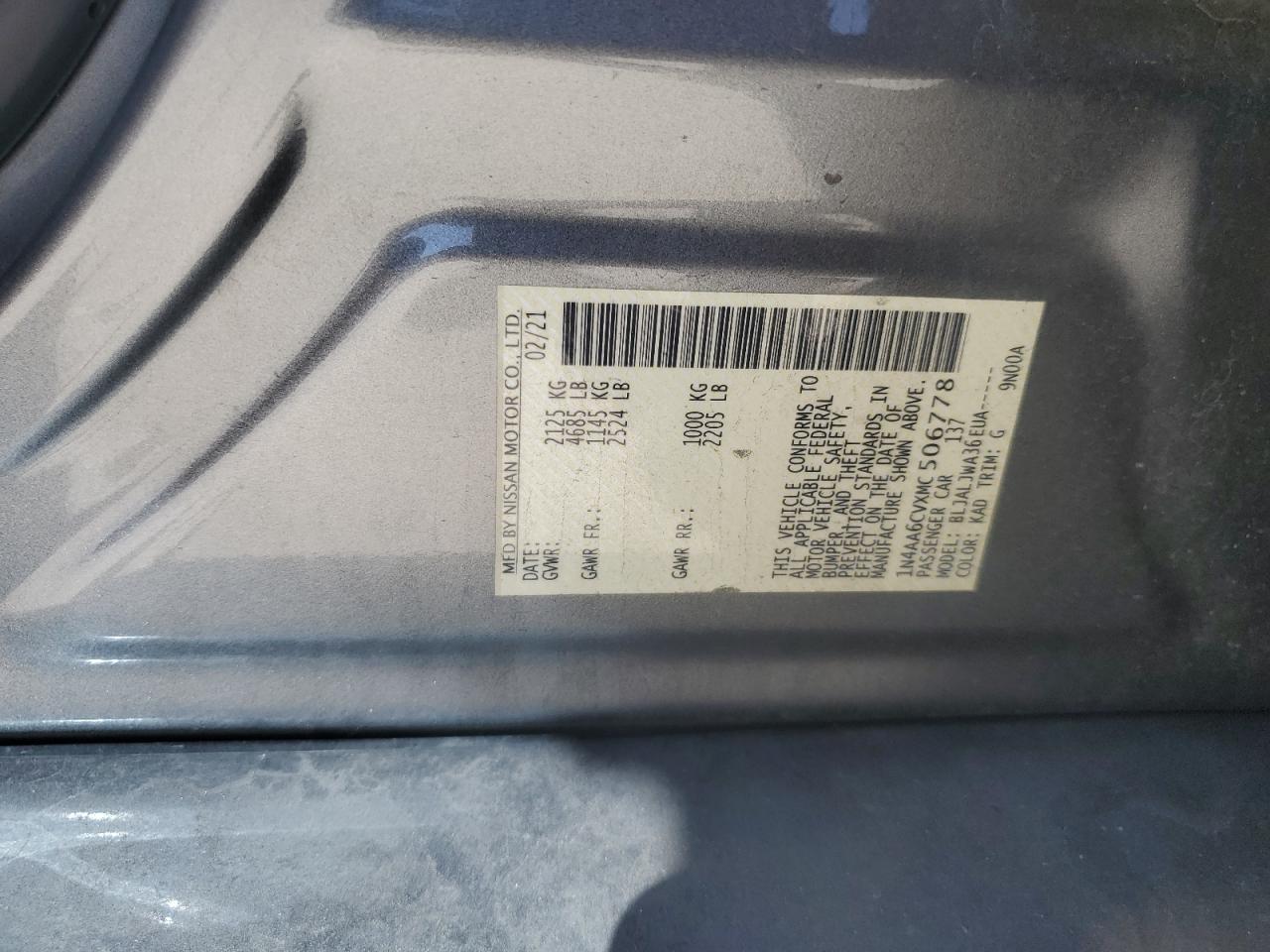 2021 Nissan Maxima Sv VIN: 1N4AA6CVXMC506778 Lot: 87015215