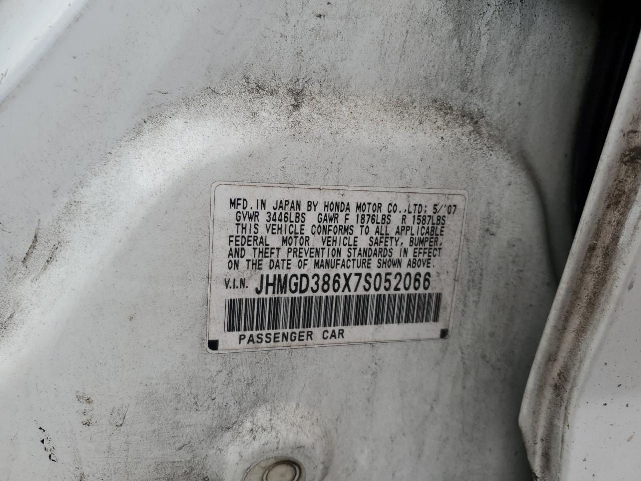 2007 Honda Fit S VIN: JHMGD386X7S052066 Lot: 82456295