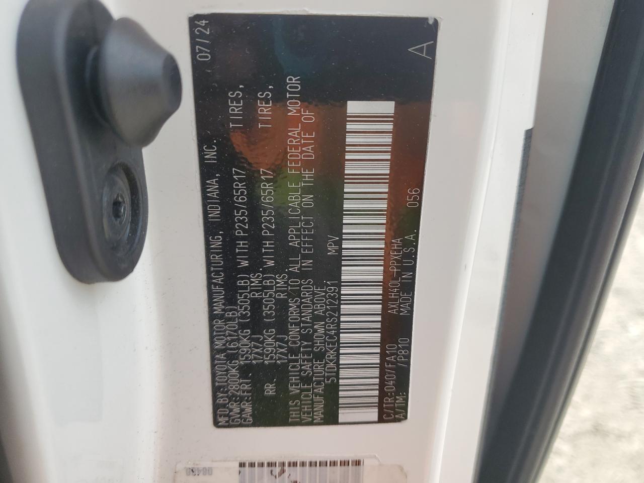 2024 Toyota Sienna Le VIN: 5TDKRKEC4RS212391 Lot: 86132115